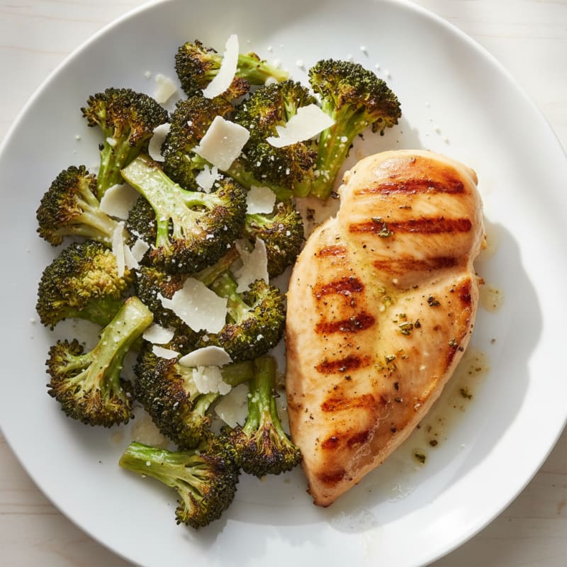 Grilled Chicken Breast with Roasted Broccoli and Shaved Parmesan
