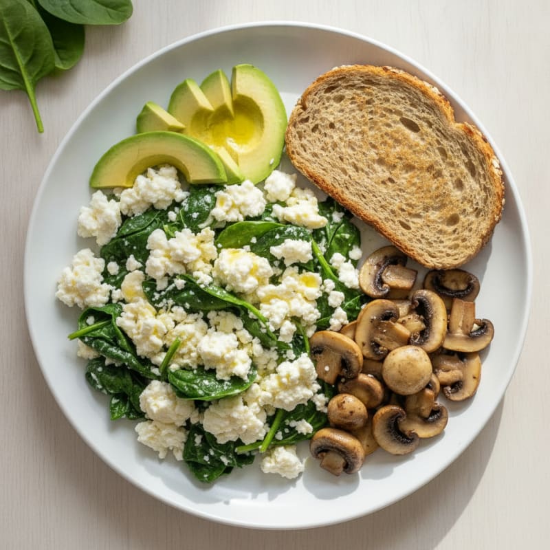 Egg White Spinach Scramble with Cottage Cheese and Sautéed Mushrooms