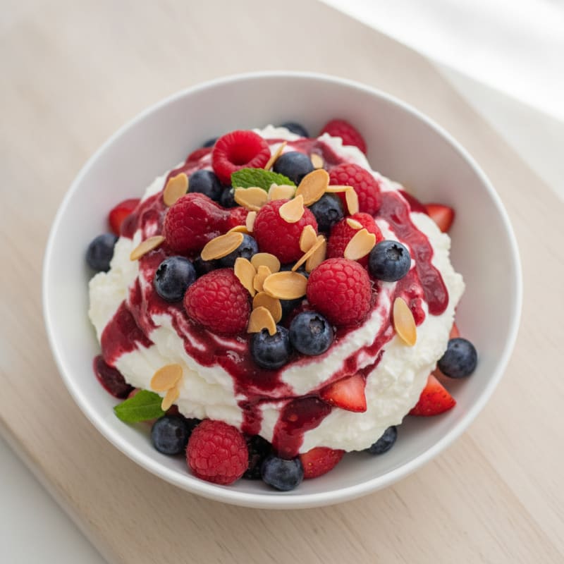 Greek Yogurt Protein Parfait with Mixed Berries and Almond Slivers
