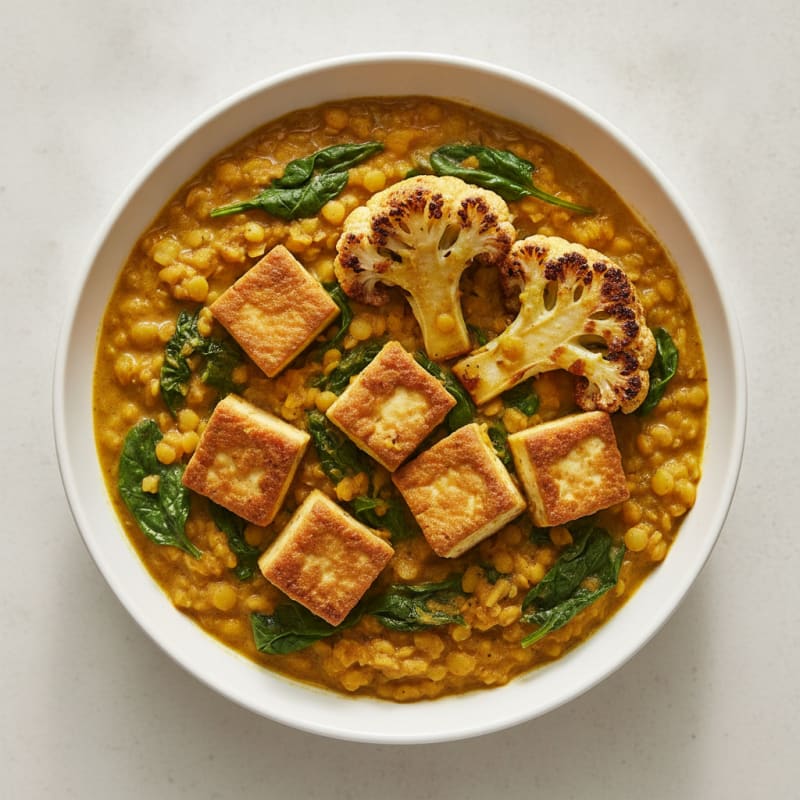 Crispy Tofu and Lentil Curry with Roasted Cauliflower