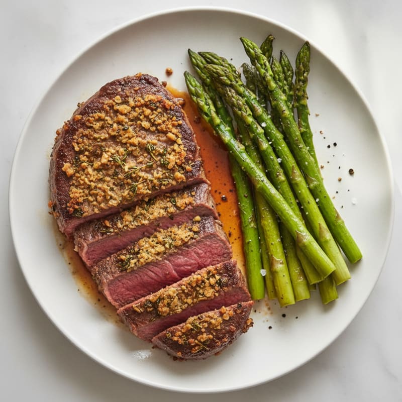 Garlic Herb-Crusted Steak with Roasted Asparagus