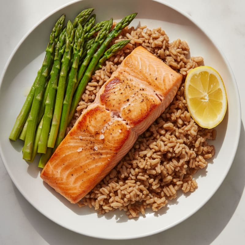 Seared Salmon Fillet with Steamed Asparagus and Brown Rice
