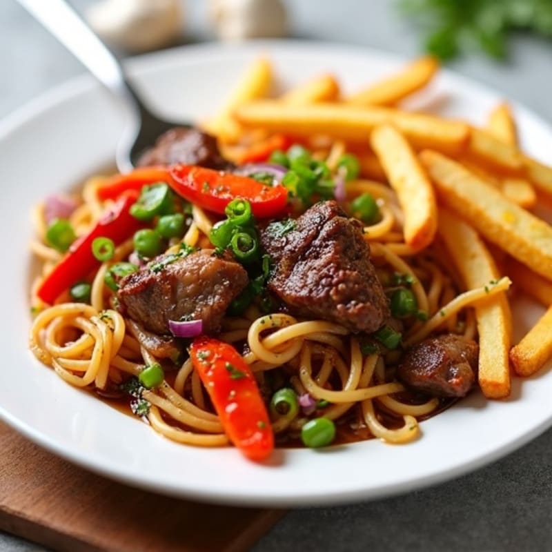 Seared Beef Noodle Stir Fry with Mixed Vegetables and Baked Potato Fries