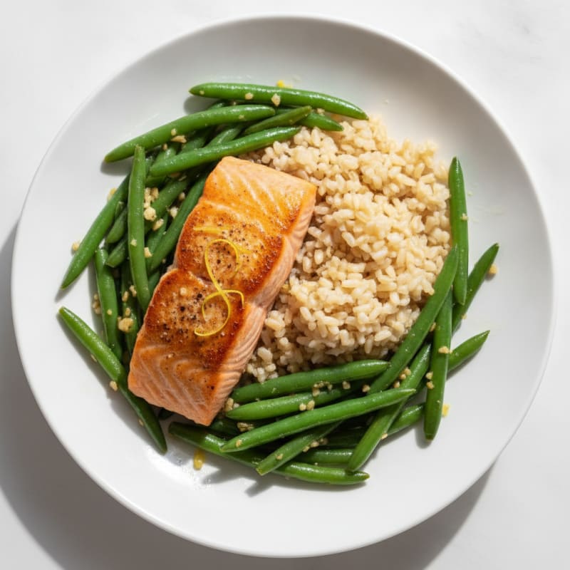 Seared Salmon with Garlic Green Beans and Brown Rice