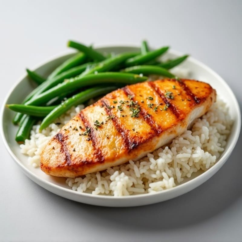 Seared Chicken Breast with Steamed Rice and Sautéed Green Beans