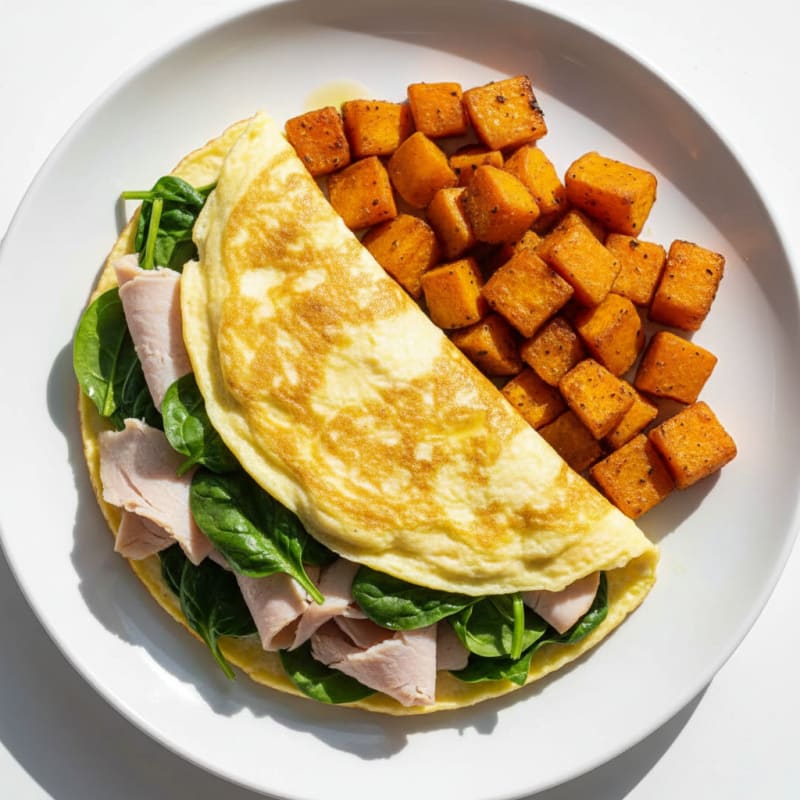Egg White Spinach Omelette with Smoked Turkey and Roasted Sweet Potato