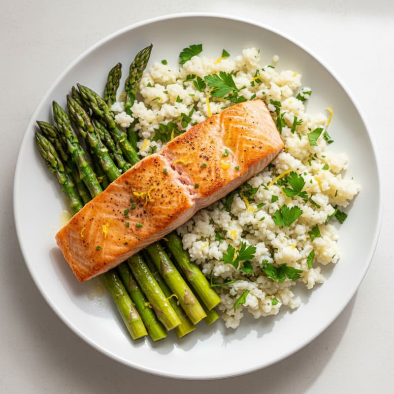 Seared Salmon with Herbed Cauliflower Rice and Roasted Asparagus