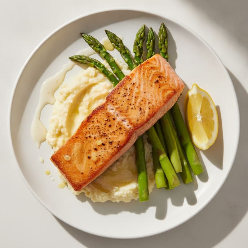 Seared Salmon Fillet with Steamed Asparagus and Garlic Mashed Cauliflower