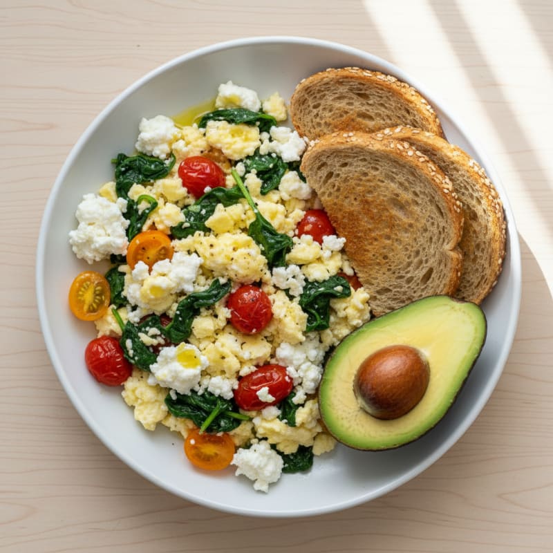 Cottage Cheese Scramble with Spinach and Cherry Tomatoes
