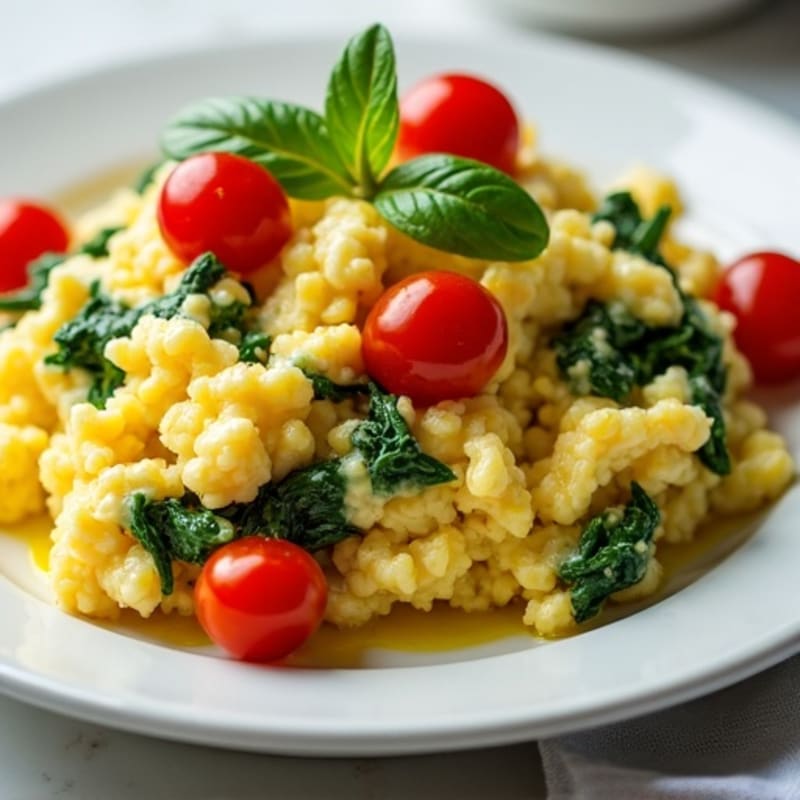 Fluffy Scrambled Eggs with Fresh Spinach and Cherry Tomatoes