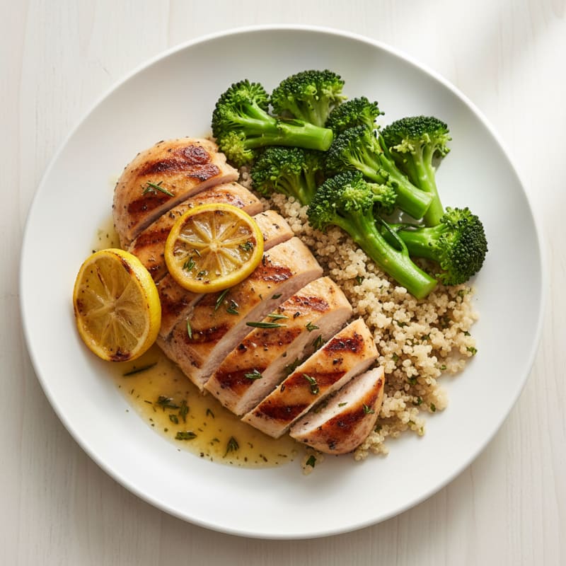 Grilled Chicken Breast with Steamed Broccoli and Quinoa