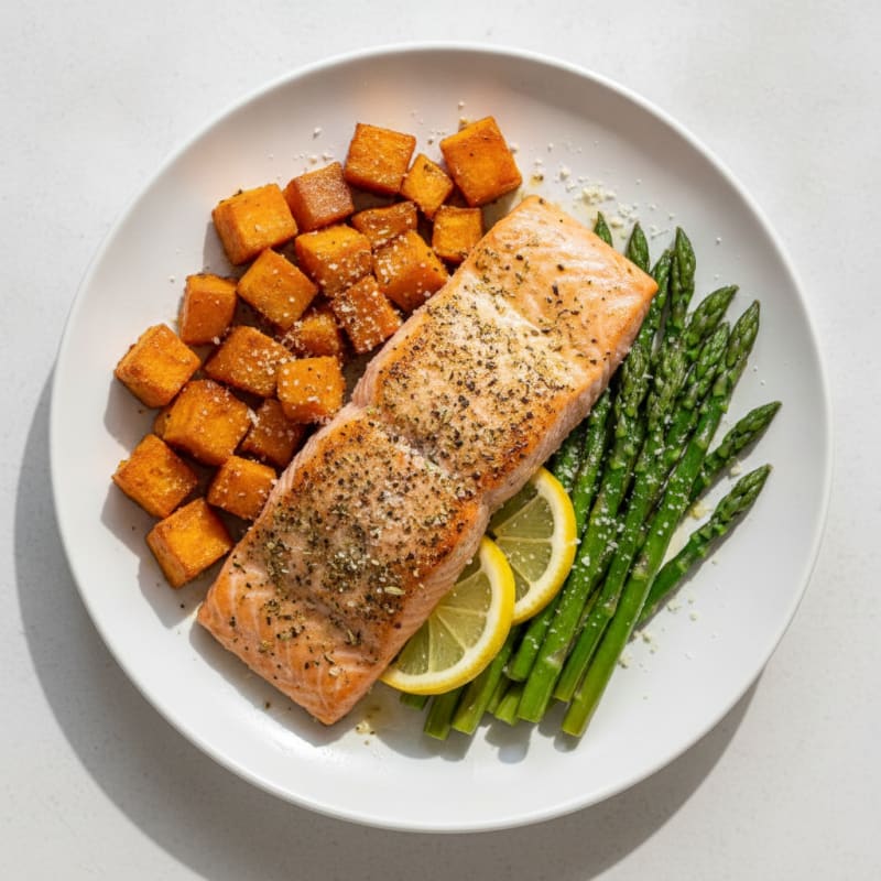 Herb-Roasted Salmon with Sweet Potatoes and Asparagus