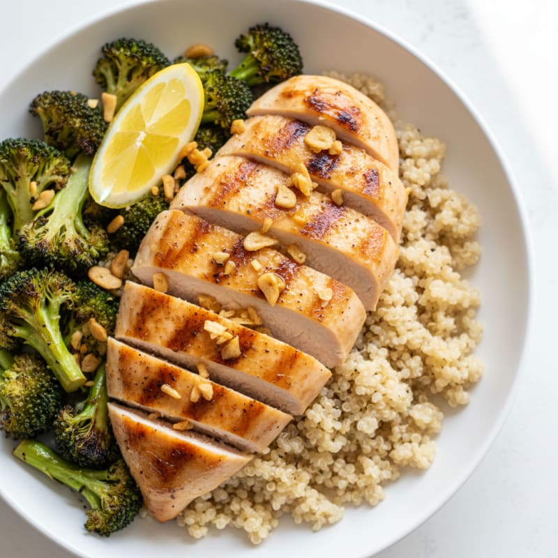 Grilled Chicken and Quinoa Bowl with Roasted Broccoli