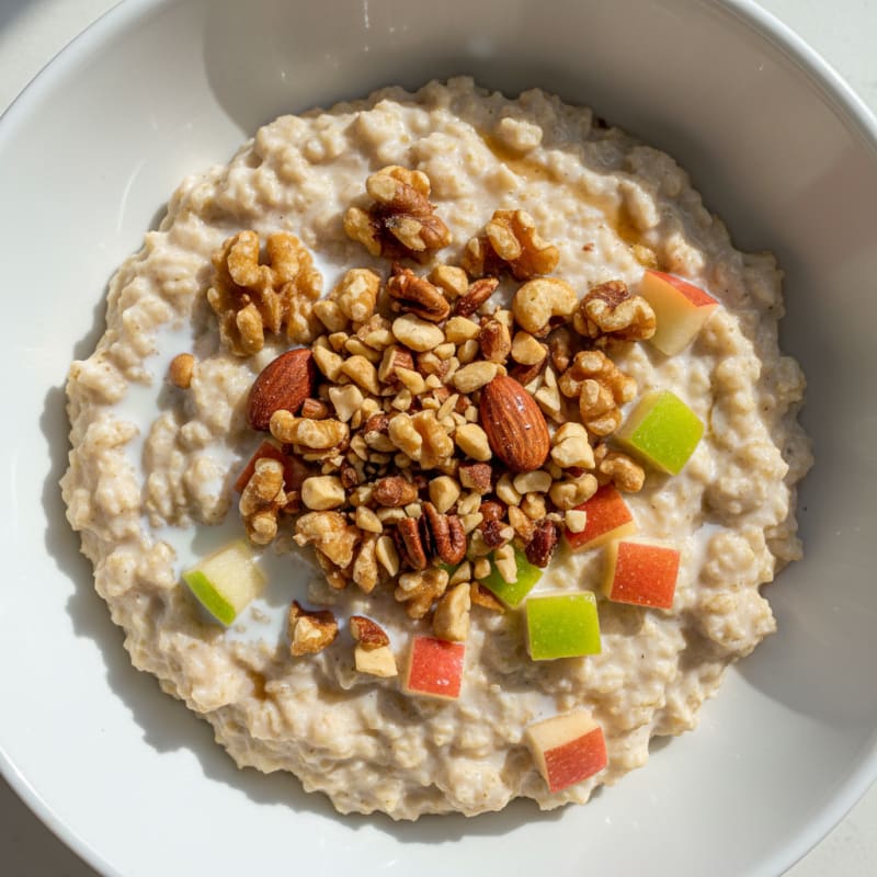 Protein Oatmeal with 2% Milk, Chopped Mixed Nuts, and Diced Apple