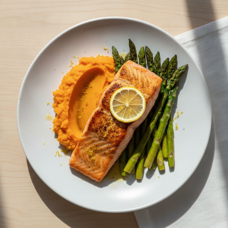 Seared Salmon with Roasted Asparagus and Sweet Potato Mash