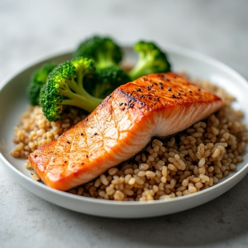 Seared Salmon with Steamed Broccoli and Brown Rice
