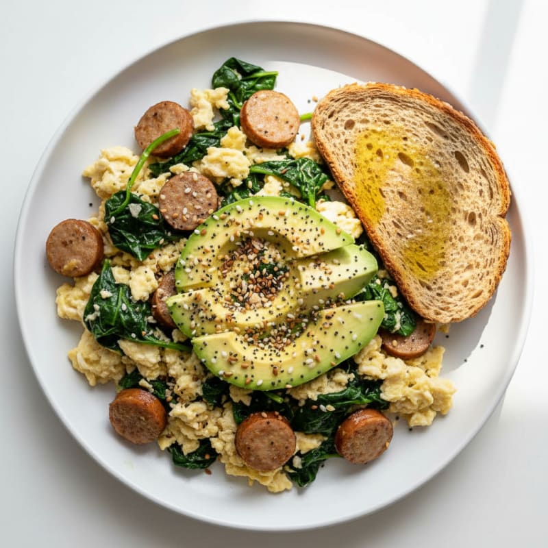 Egg White and Turkey Sausage Scramble with Sautéed Spinach