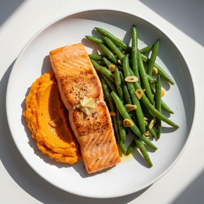 Seared Salmon with Garlic Green Beans and Sweet Potato Mash