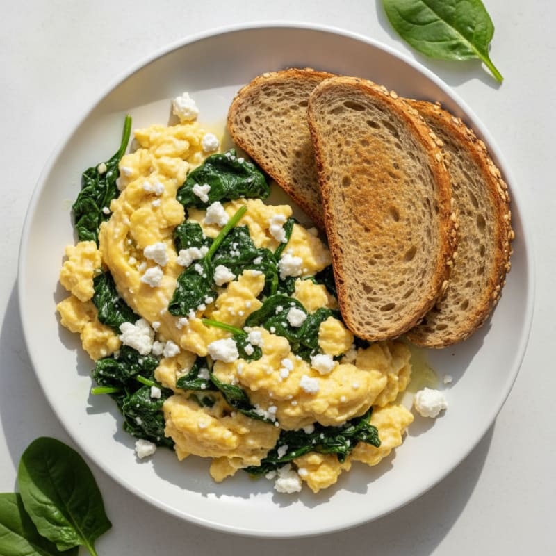 Scrambled Eggs with Cottage Cheese and Sautéed Spinach