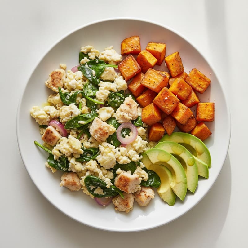 Egg White and Chicken Scramble with Roasted Sweet Potato