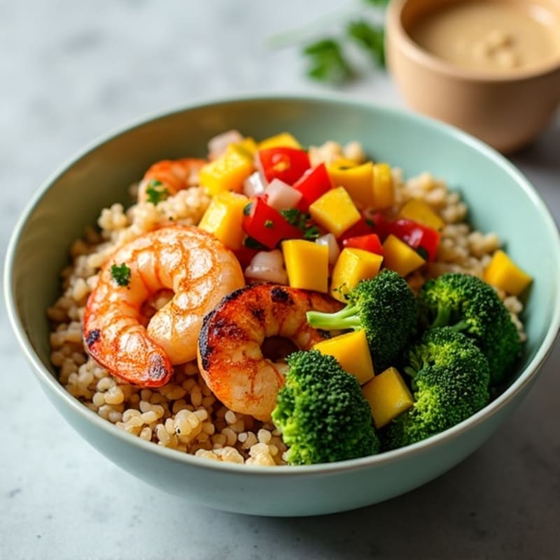 Seared Shrimp and Chicken Breast Bowl with Brown Rice and Fresh Fruit Salsa