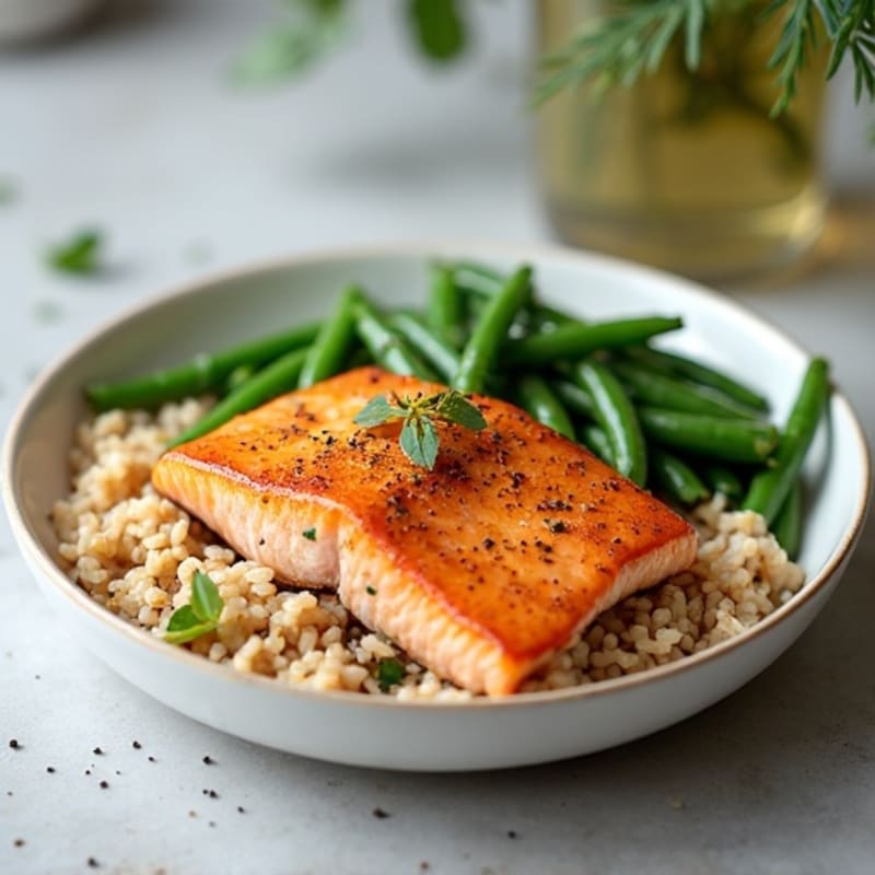 Seared Salmon with Garlic Green Beans and Brown Rice