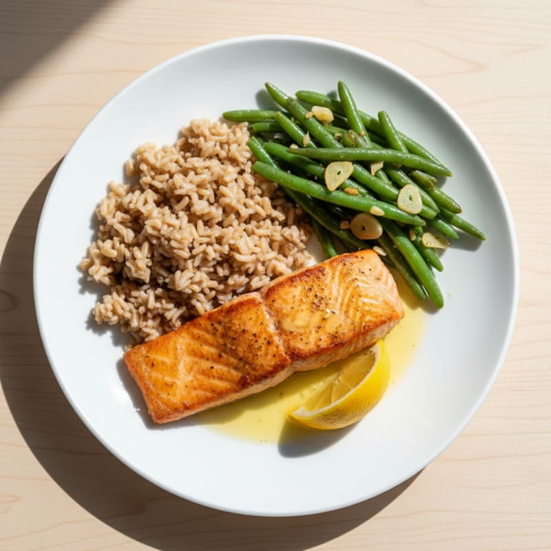 Seared Salmon Fillet with Garlic Green Beans and Brown Rice