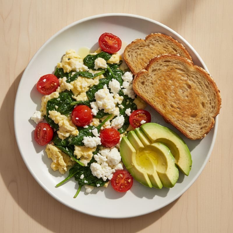 Egg White and Spinach Scramble with Cottage Cheese and Cherry Tomatoes