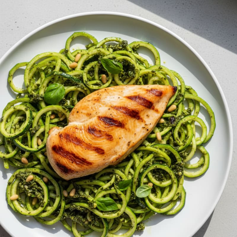 Grilled Chicken Breast with Zucchini Noodles and Basil Pesto