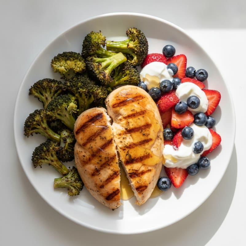 Grilled Chicken Breast with Roasted Broccoli and Berry Salad
