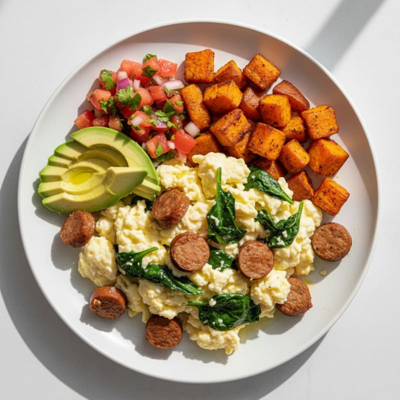 Egg White Spinach Scramble with Turkey Sausage