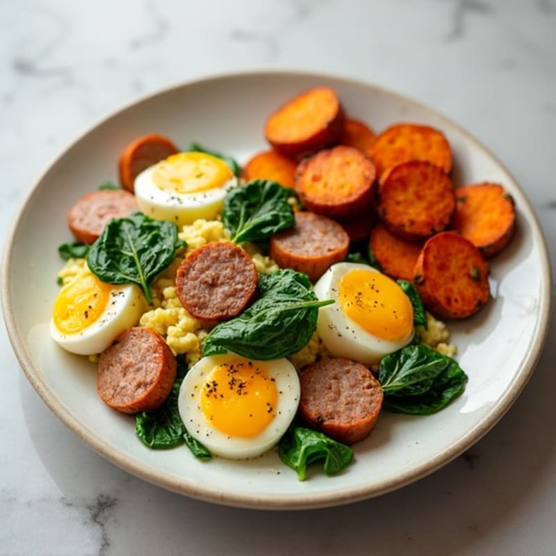 Egg White and Turkey Sausage Scramble with Spinach and Roasted Sweet Potatoes