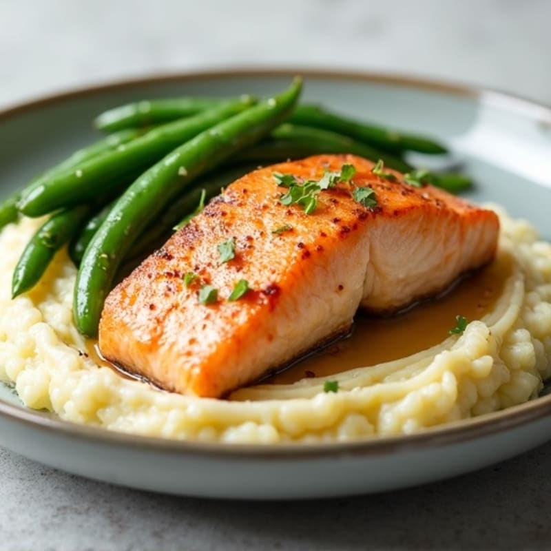 Seared Salmon with Garlic Green Beans and Cauliflower Mash