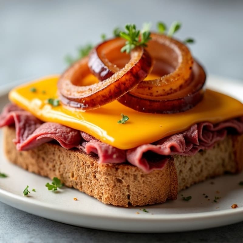 Lean Roast Beef and Sharp Cheddar Open-Faced Sandwich with Crispy Red Onion