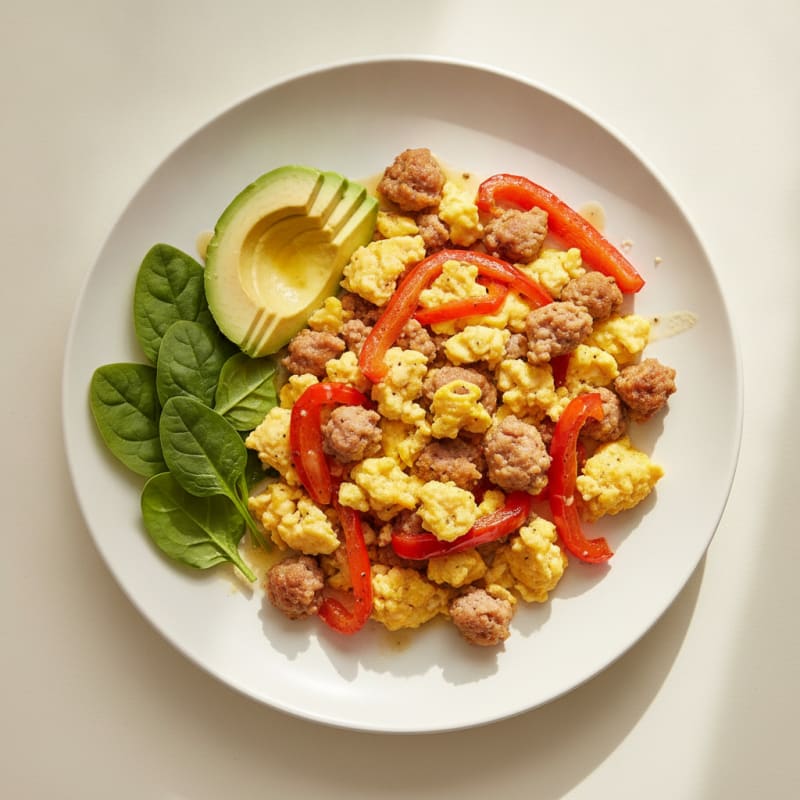 Scrambled Eggs with Turkey Sausage and Roasted Peppers