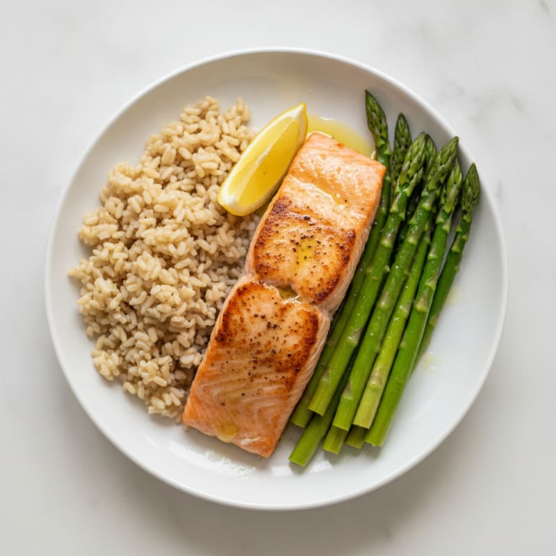Seared Salmon with Steamed Asparagus and Brown Rice