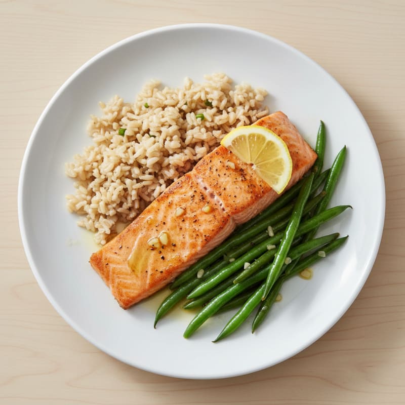 Seared Salmon with Garlic Green Beans and Brown Rice