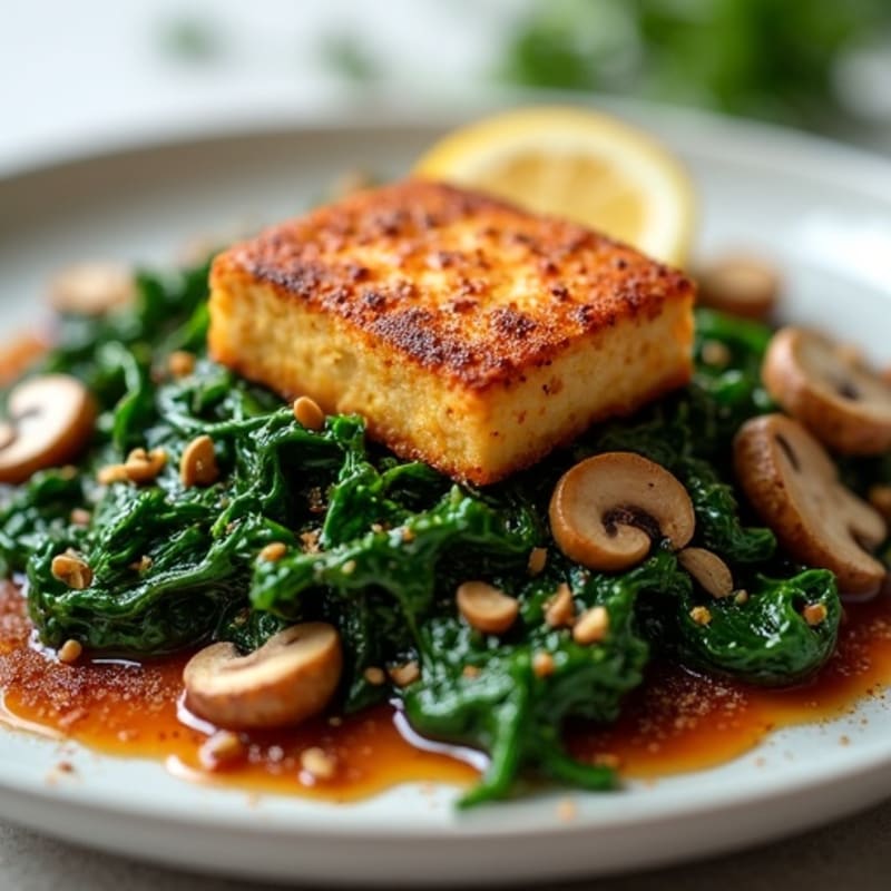 Crispy Baked Tofu with Sautéed Spinach and Mushrooms