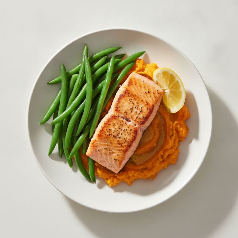Seared Salmon Fillet with Steamed Green Beans and Sweet Potato Mash
