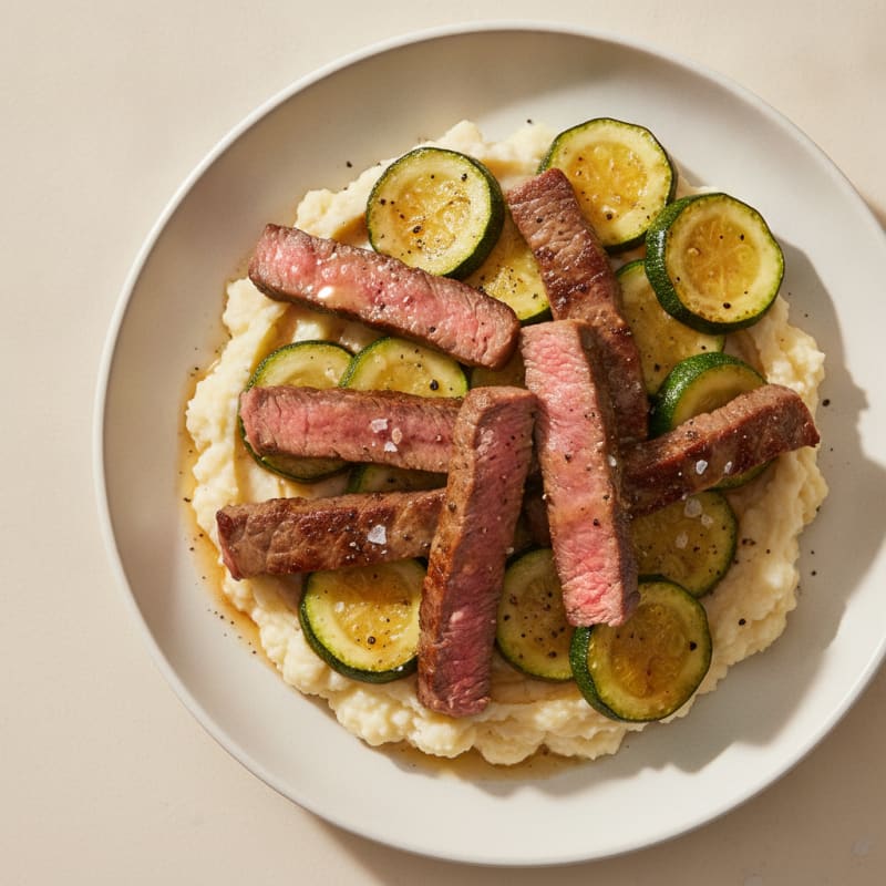 Seared Lean Beef Strips with Sautéed Zucchini and Cauliflower Mash