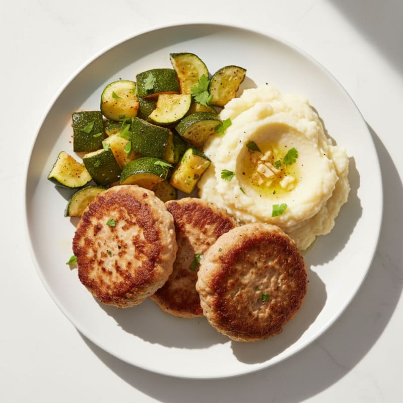 Seared Turkey Patties with Roasted Zucchini and Cauliflower Mash