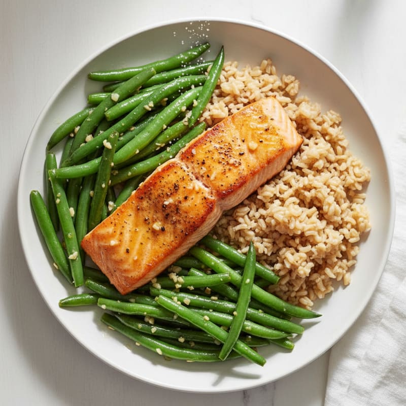 Seared Salmon with Garlic Green Beans and Brown Rice