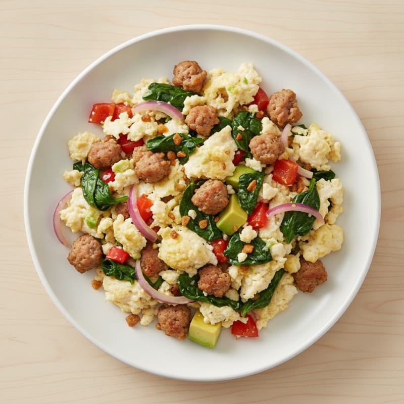 Egg White and Turkey Sausage Scramble with Sautéed Spinach