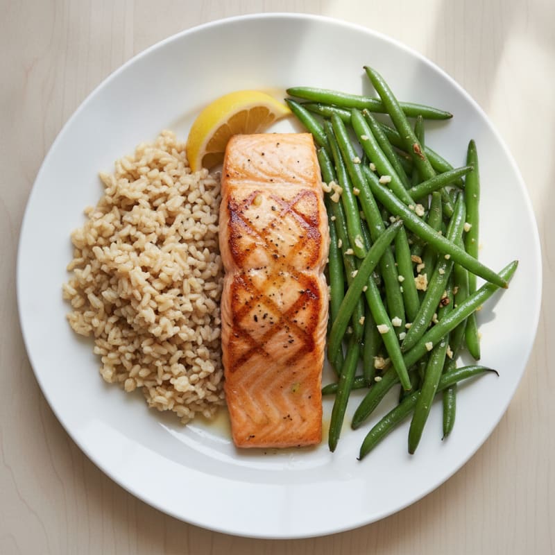 Seared Salmon Fillet with Garlic Green Beans and Brown Rice