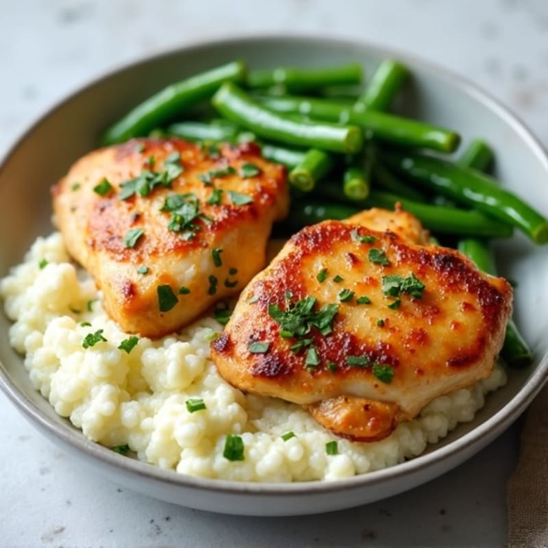 Seared Chicken Thighs with Steamed Green Beans and Cauliflower Mash