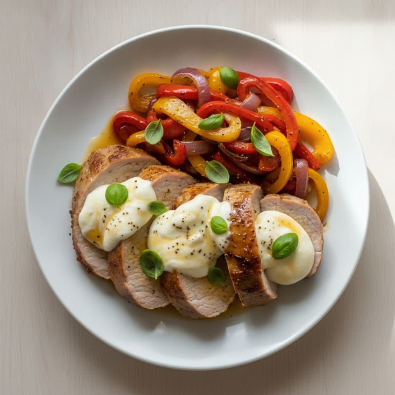 Pork Tenderloin with Mozzarella and Caramelized Vegetables