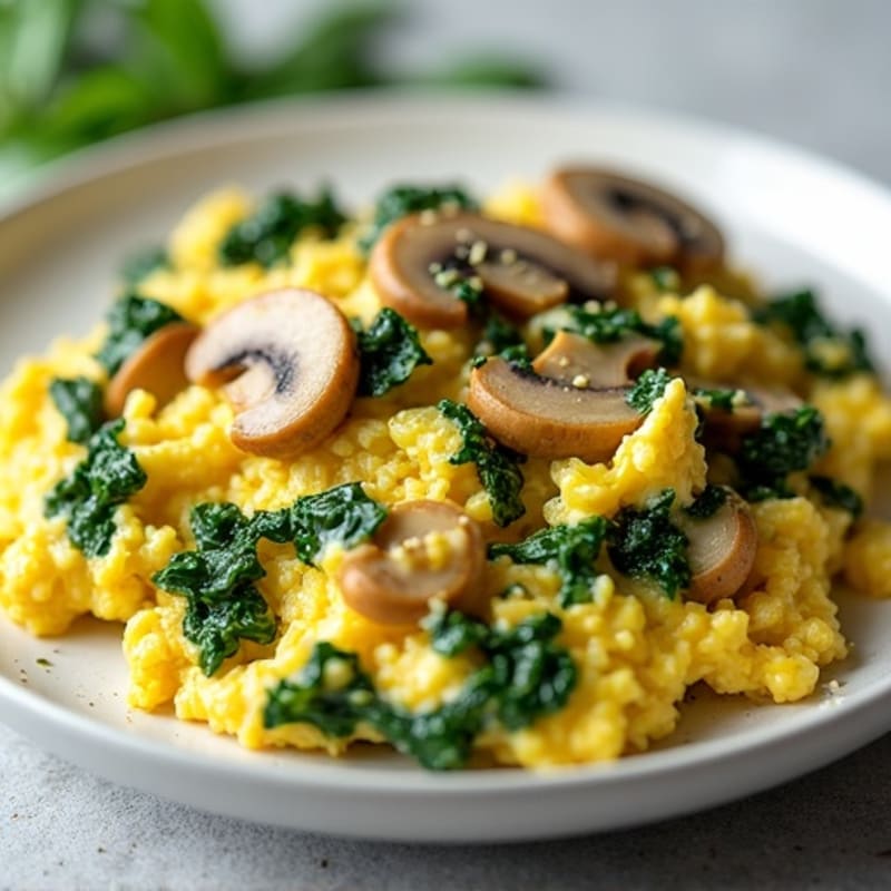 Creamy Scrambled Eggs with Sautéed Spinach and Mushrooms