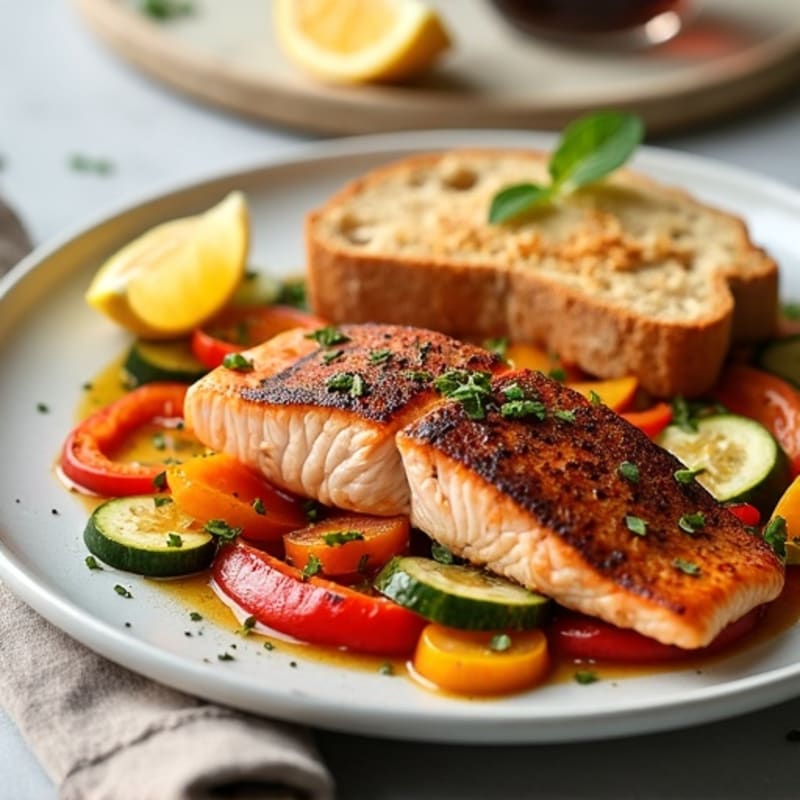 Seared Salmon with Roasted Vegetables and Garlic Bread