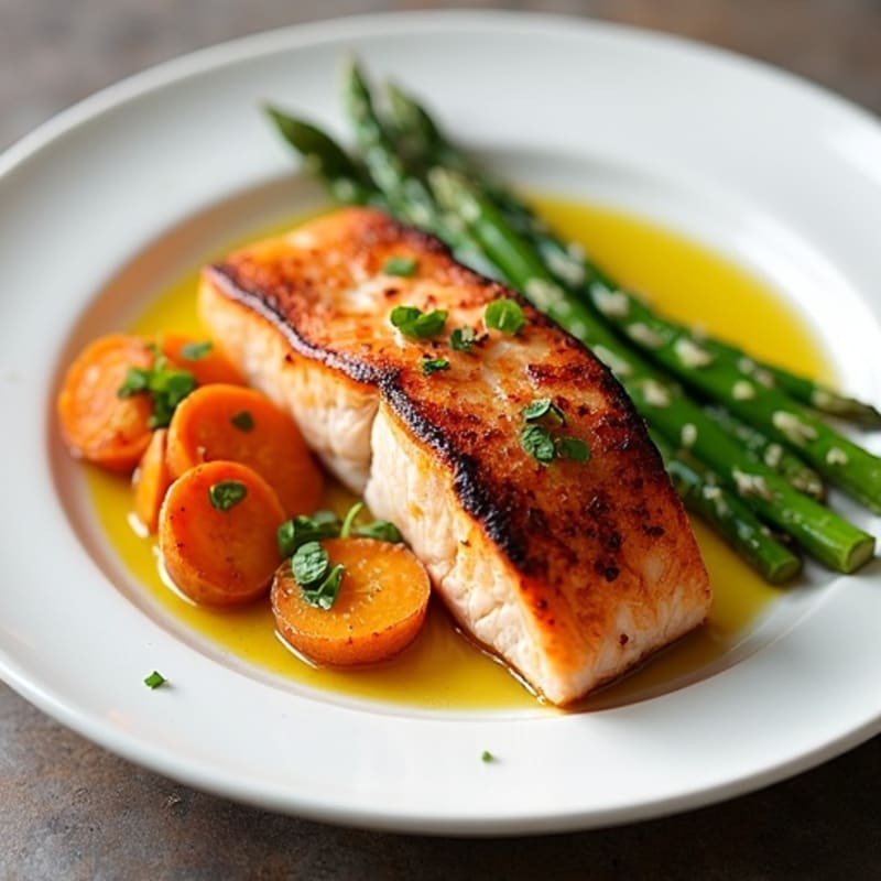 Seared Salmon with Roasted Sweet Potatoes and Asparagus