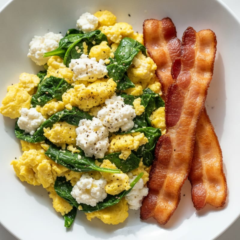 Cottage Cheese Scramble with Spinach and Turkey Bacon
